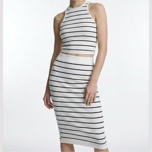 Striped White and Black Ribbed Knit Midi Skirt and Matching Top
